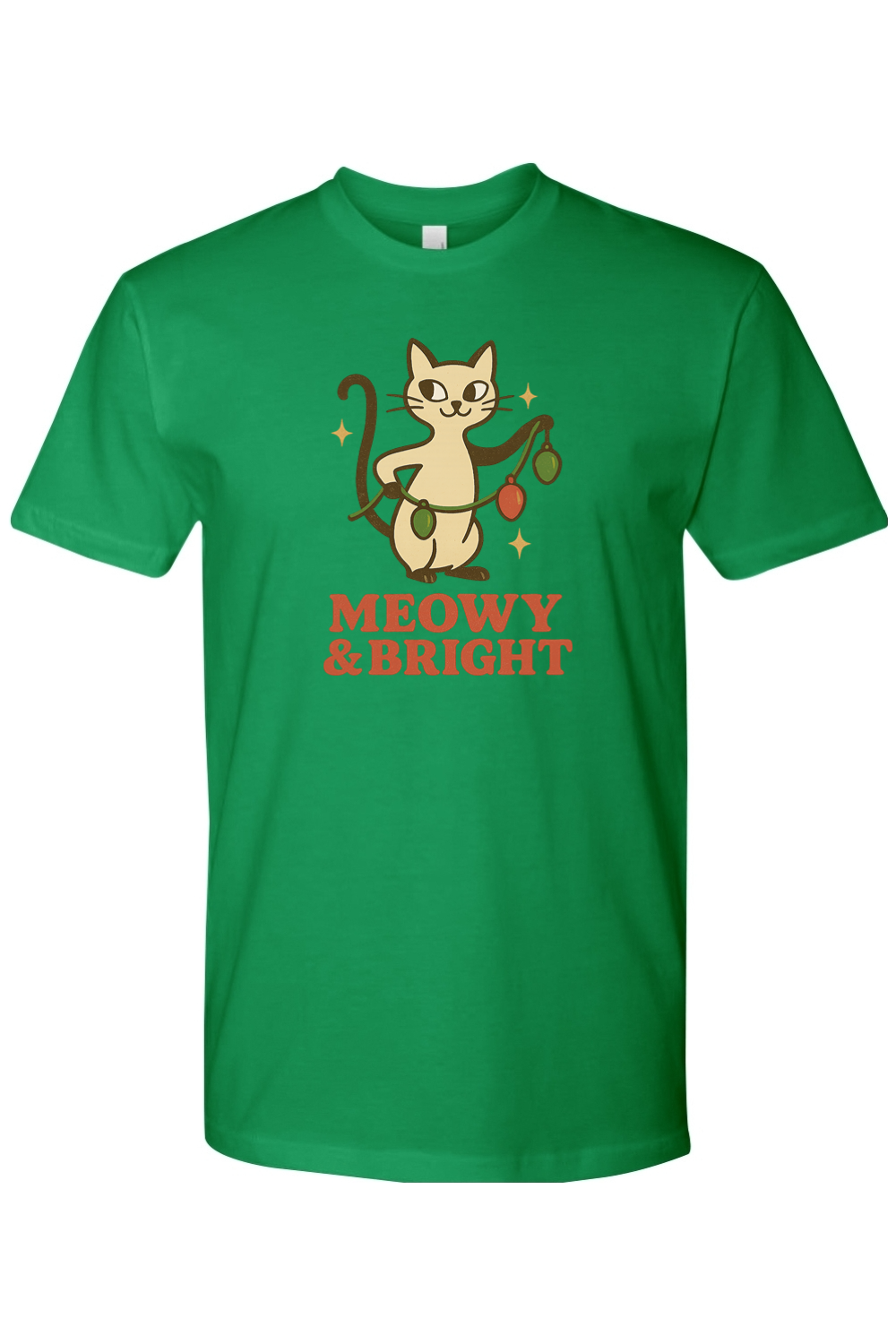 Green vintage Christmas t-shirt with "Meowy & Bright" text with a cat holding a string of lights design cute funny holiday pet animal humor short sleeve shirt