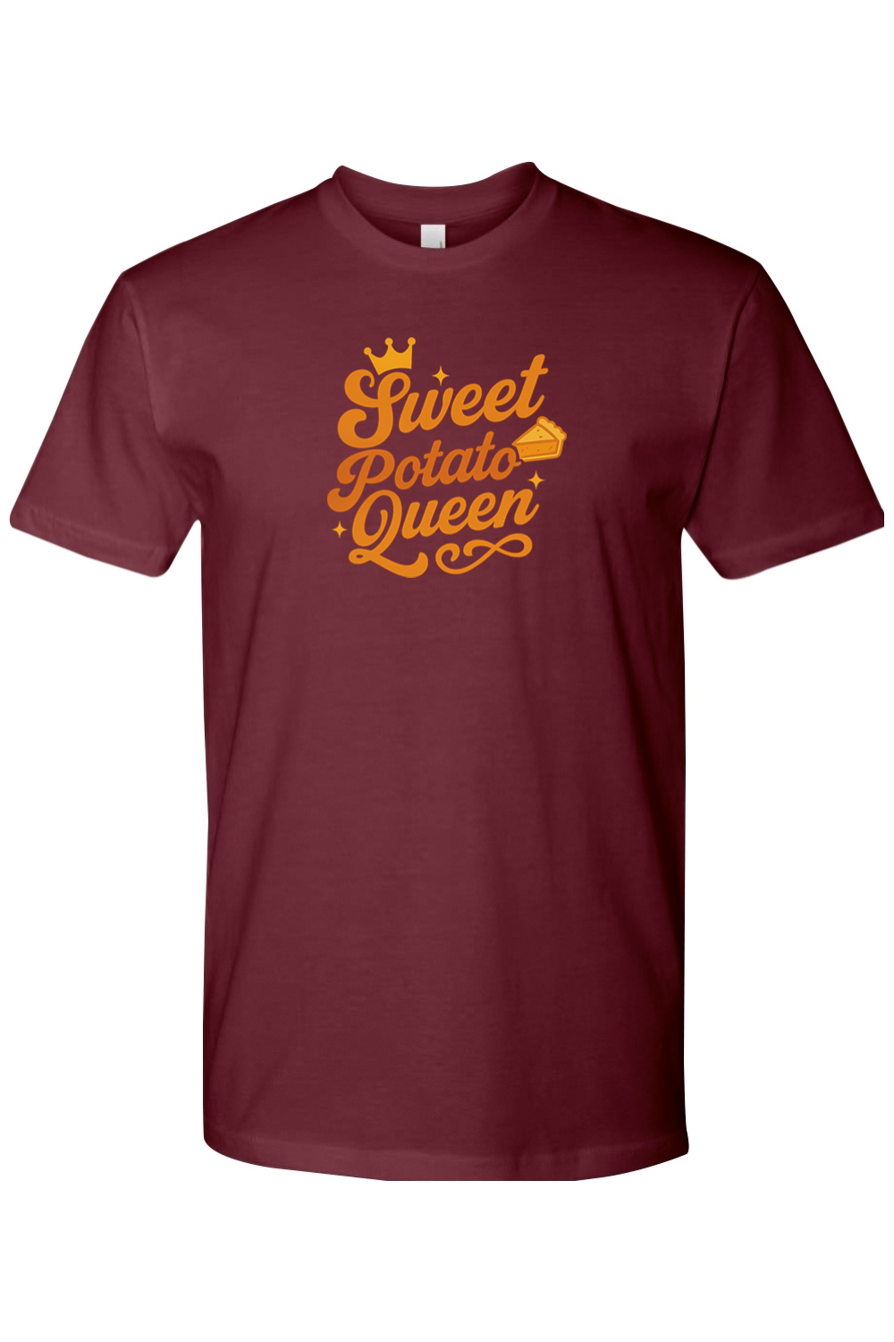 Maroon Thanksgiving t-shirt with Sweet Potato Queen" text with a crown and pie slice design cute girly southern trendy fall holiday short sleeve shirt