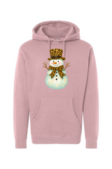 Pink Christmas hoodie with a snowman in a leopard print bow and leopard print top hat design cute girly festive holiday long sleeve hooded sweatshirt