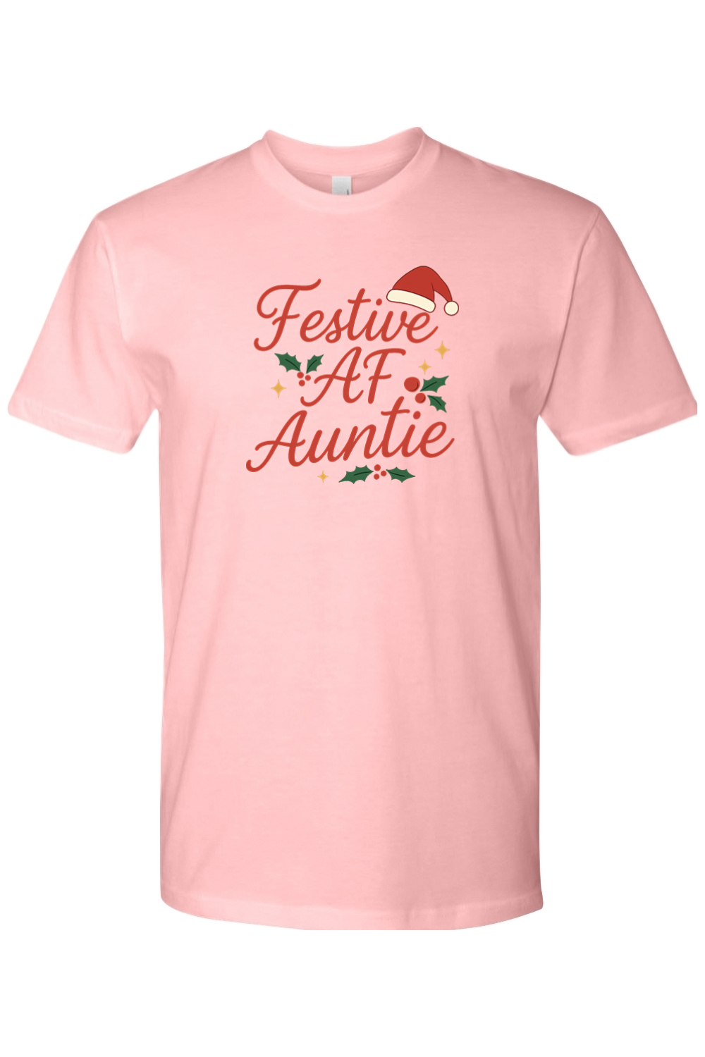 Light pink Christmas t-shirt with "Festive AF Auntie" text in red with a Santa hat, stars, and holly design funny aunt holiday short sleeve shirt