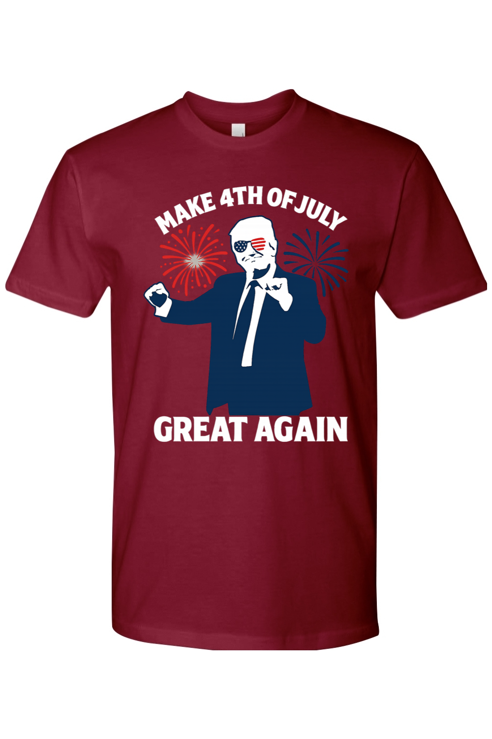 red t-shirt with graphic design of Donald Trump dancing with the text "Make 4th of July Great Again" and fireworks behind him.