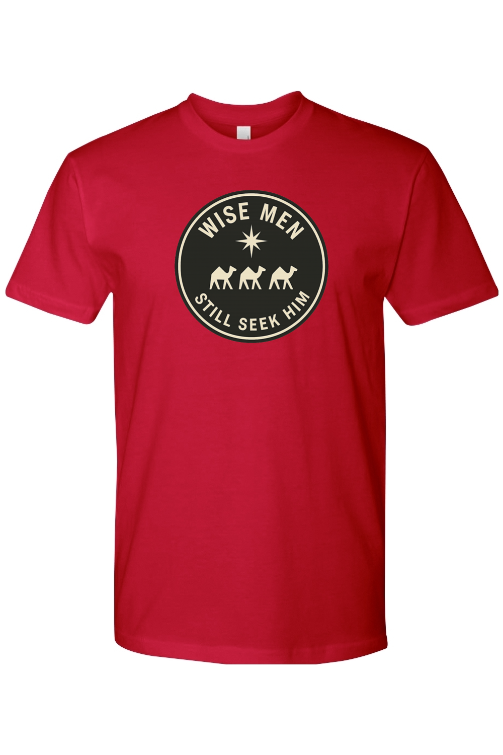 Red religious Christmas t-shirt with "Wise Men Still Seek Him" with three camels and a star design Jesus God Christian holiday short sleeve shirt