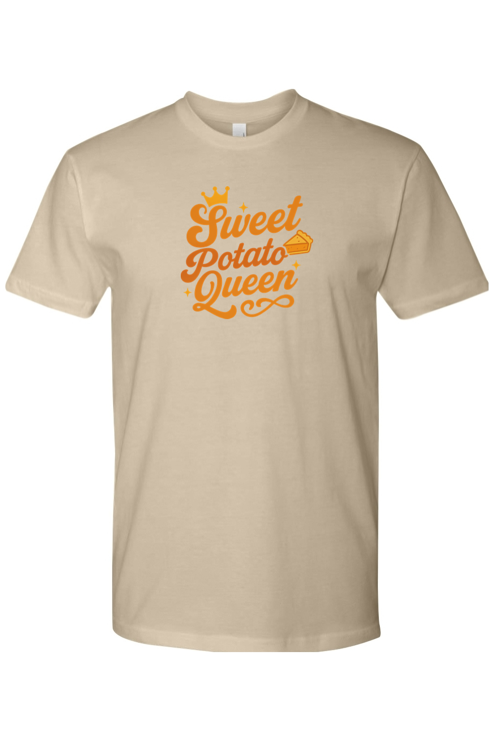 Dark beige Thanksgiving t-shirt with Sweet Potato Queen" text with a crown and pie slice design cute girly southern trendy fall holiday short sleeve shirt