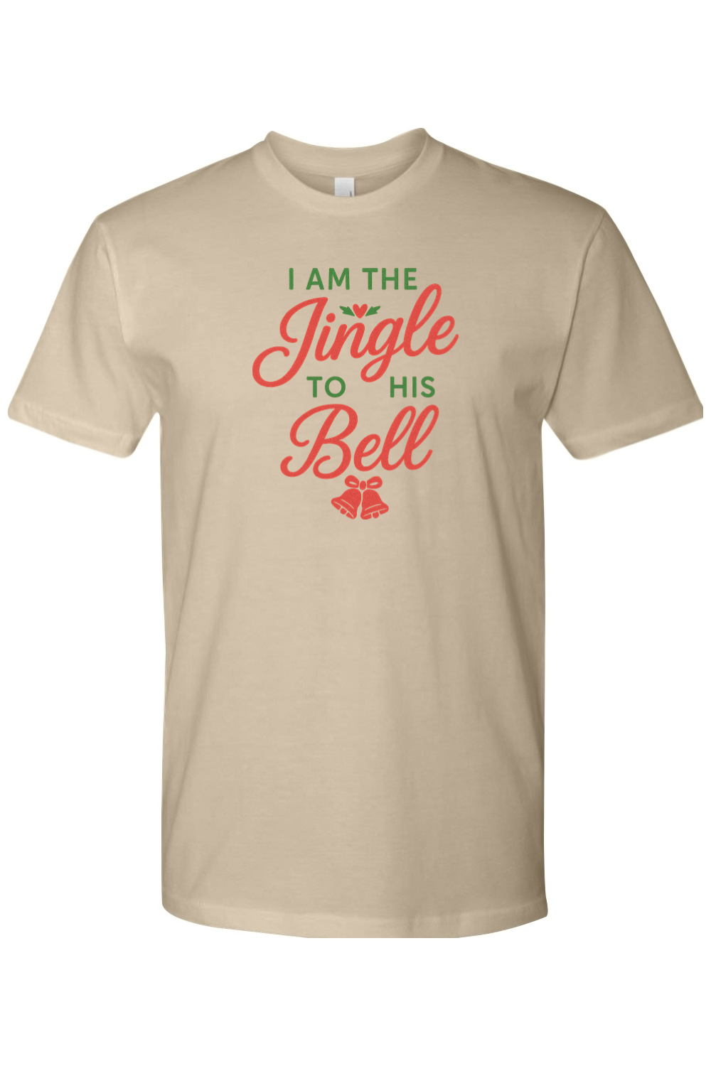 Dark beige Christmas t-shirt with "I am the Jingle to His Bell" text in red and green with a heart and bell design cute flirty women's festive holiday short sleeve shirt