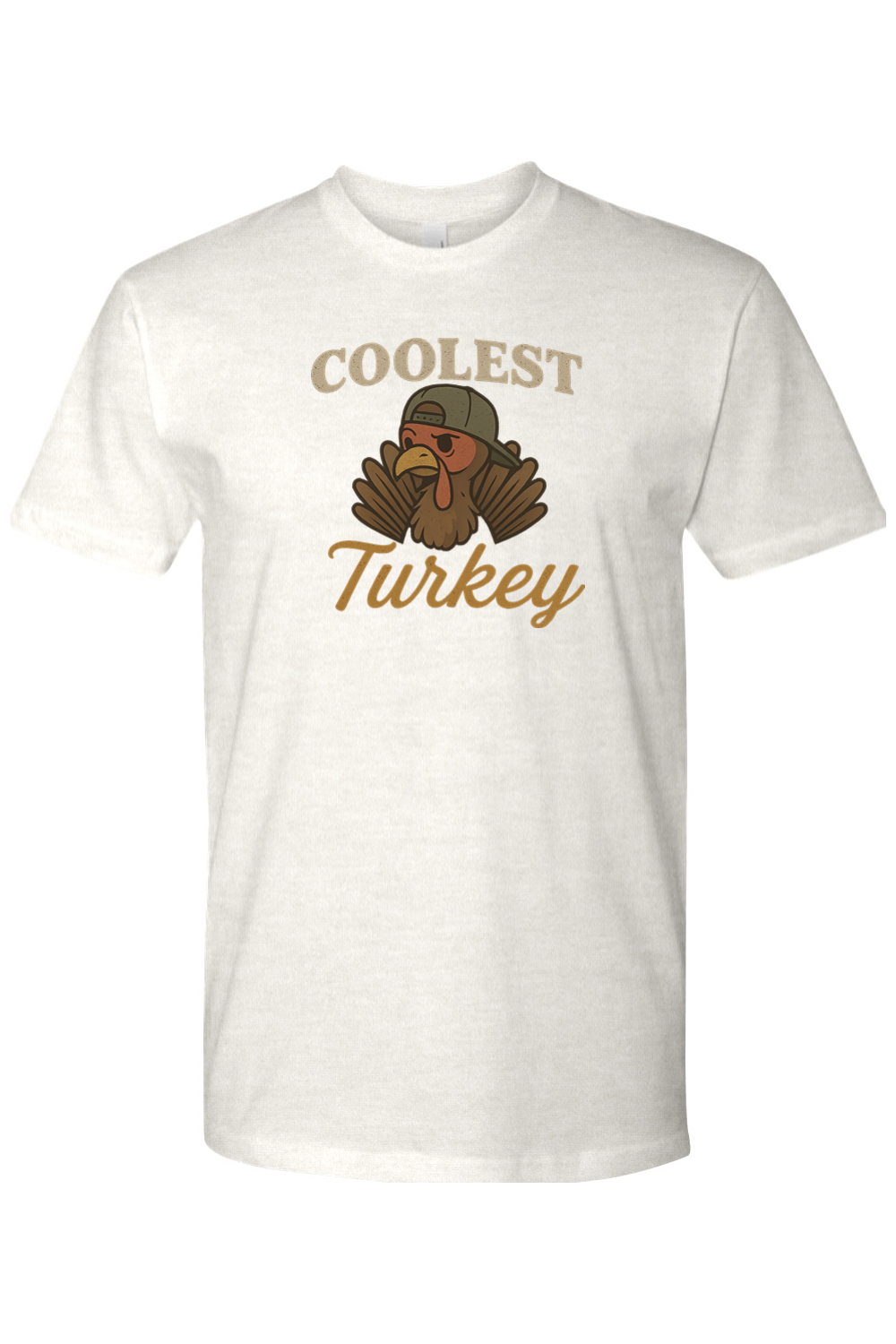 Light cream Thanksgiving t-shirt with "Coolest Turkey" text with a turkey in a backwards hat design cool funny fall holiday short sleeve shirt