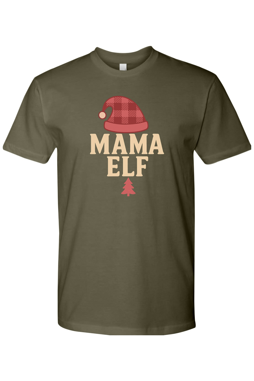 Dark olive green Christmas t-shirt with "Mama Elf" text and a plaid elf hat design and pine tree women's cute trendy holiday short sleeve shirt