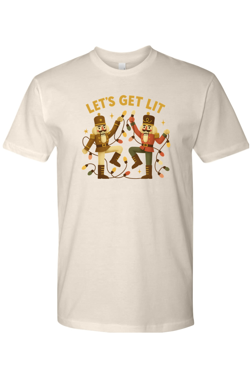 Cream Christmas shirt with "Let's Get Lit" text with two nutcrackers holding up Christmas lights funny holiday humor short sleeve shirt