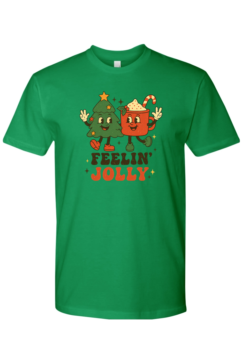 Green Feeling Jolly text with retro Christmas Tree and Hot Cocoa design t-shirt cute trendy holiday short sleeve shirt