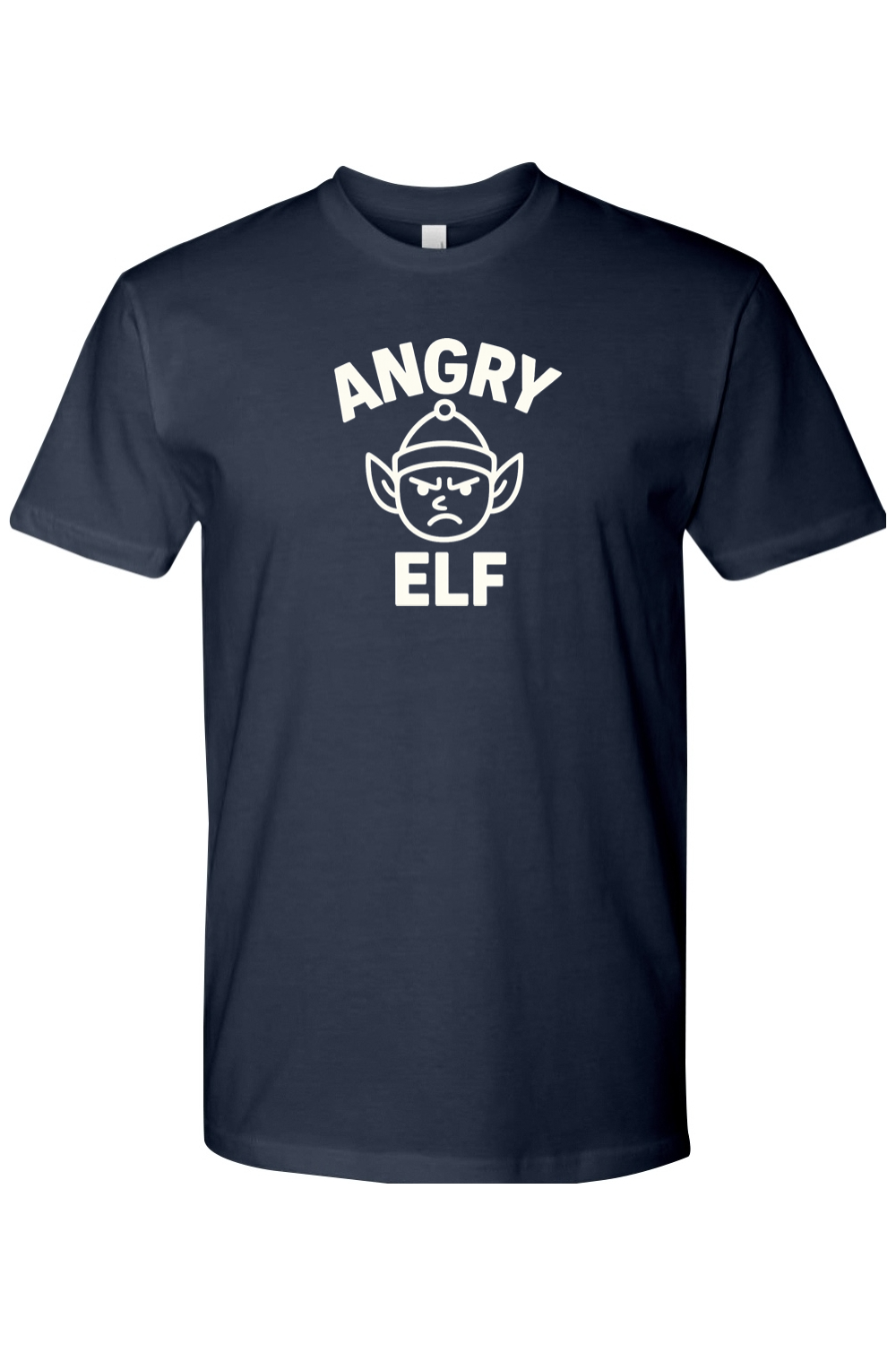 Navy blue Christmas t-shirt with "Angry Elf' in white text with a minimal angry elf design funny sarcastic humor holiday short sleeve shirt