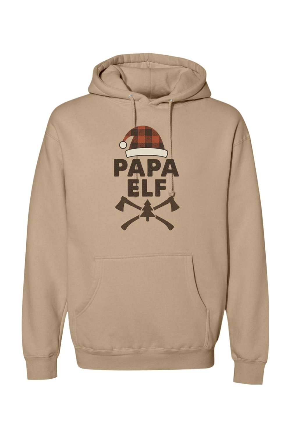 Dark beige Christmas hoodie with "Papa Elf" text with a plaid elf hat and pine tree and axe design festive men's holiday long sleeve hooded sweatshirt