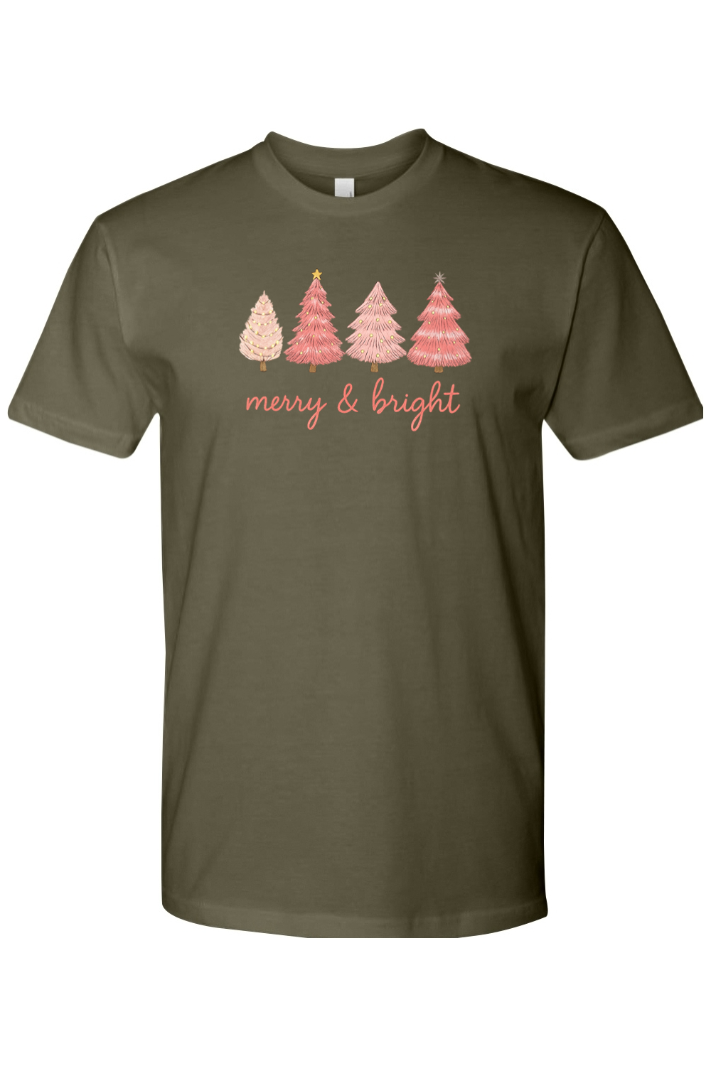 Olive green  Christmas t-shirt with "Merry & Bright" in pink and four pink Christmas trees designs cute girly trendy holiday short sleeve shirt