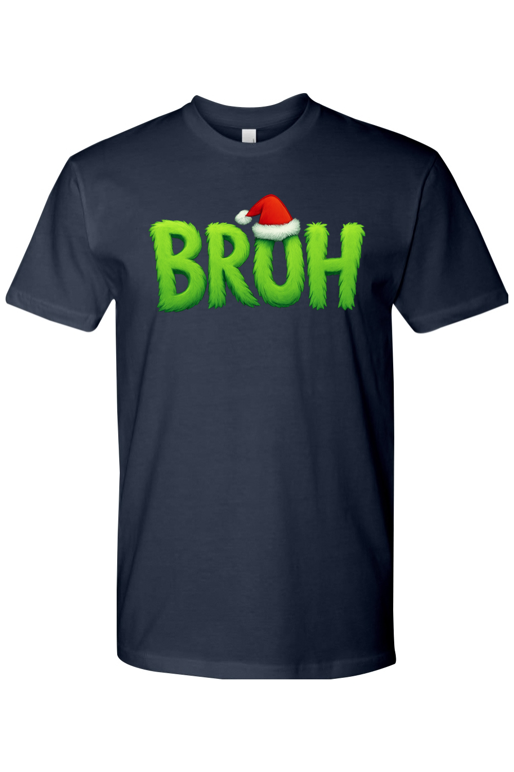Navy blue Christmas t-shirt with "BRUH" text with a Santa hat design funny holiday humor short sleeve shirt