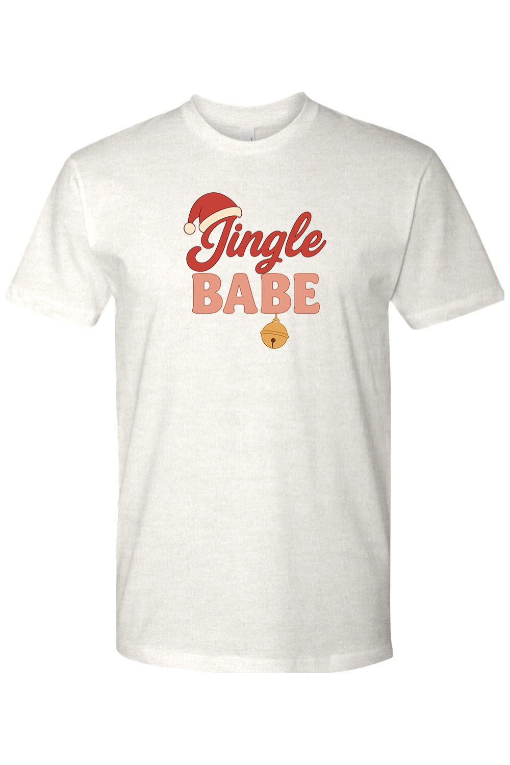 Light cream Christmas t-shirt with "Jingle Babe" text and a Santa hat bell design cute girly festive holiday short sleeve shirt