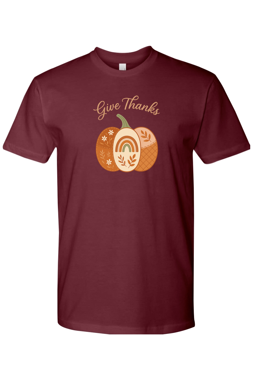 Maroon Thanksgiving t-shirt with "Give Thanks" text and a patchwork floral leaves rainbow pumpkin design cute vintage trendy fall holiday short sleeve shirt