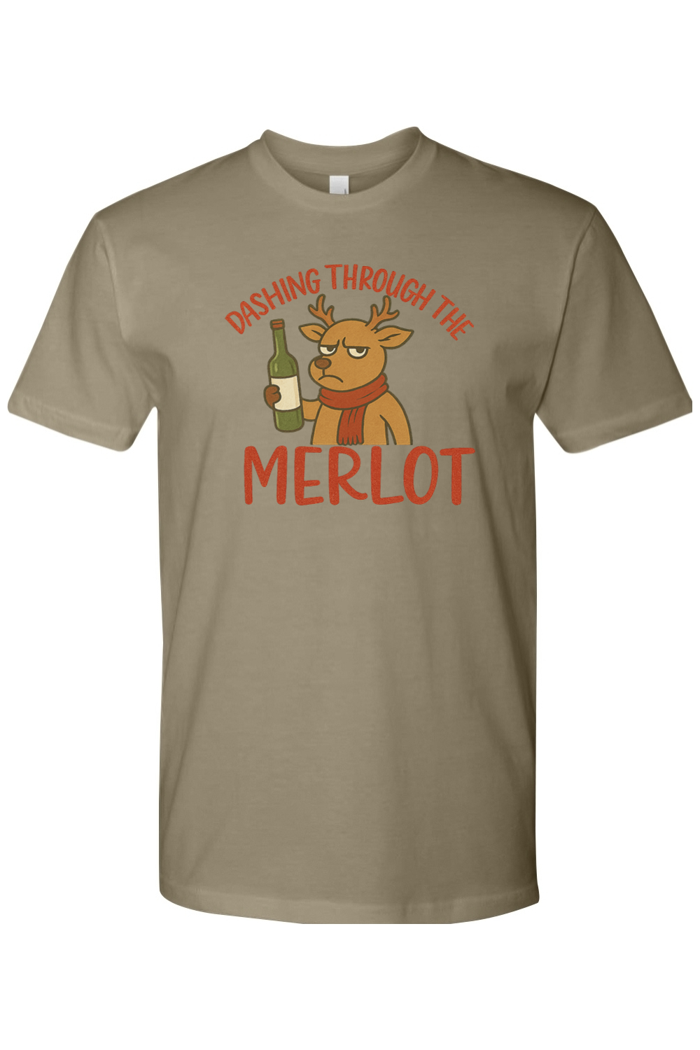 Light olive green Christmas t-shirt with "Dashing Through the Merlot" text with a grouchy reindeer holding a bottle of wine design funny sarcastic holiday humor short sleeve shirt