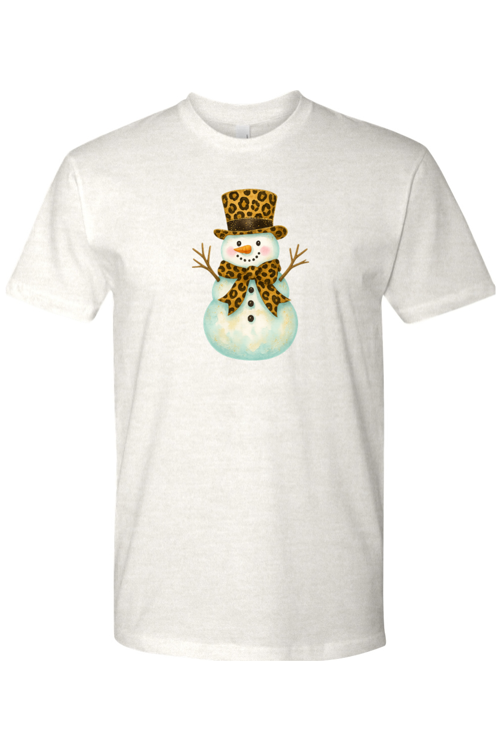 Light beige Christmas shirt with a snowman in a leopard print bow and leopard print top hat design cute girly festive holiday short sleeve shirt