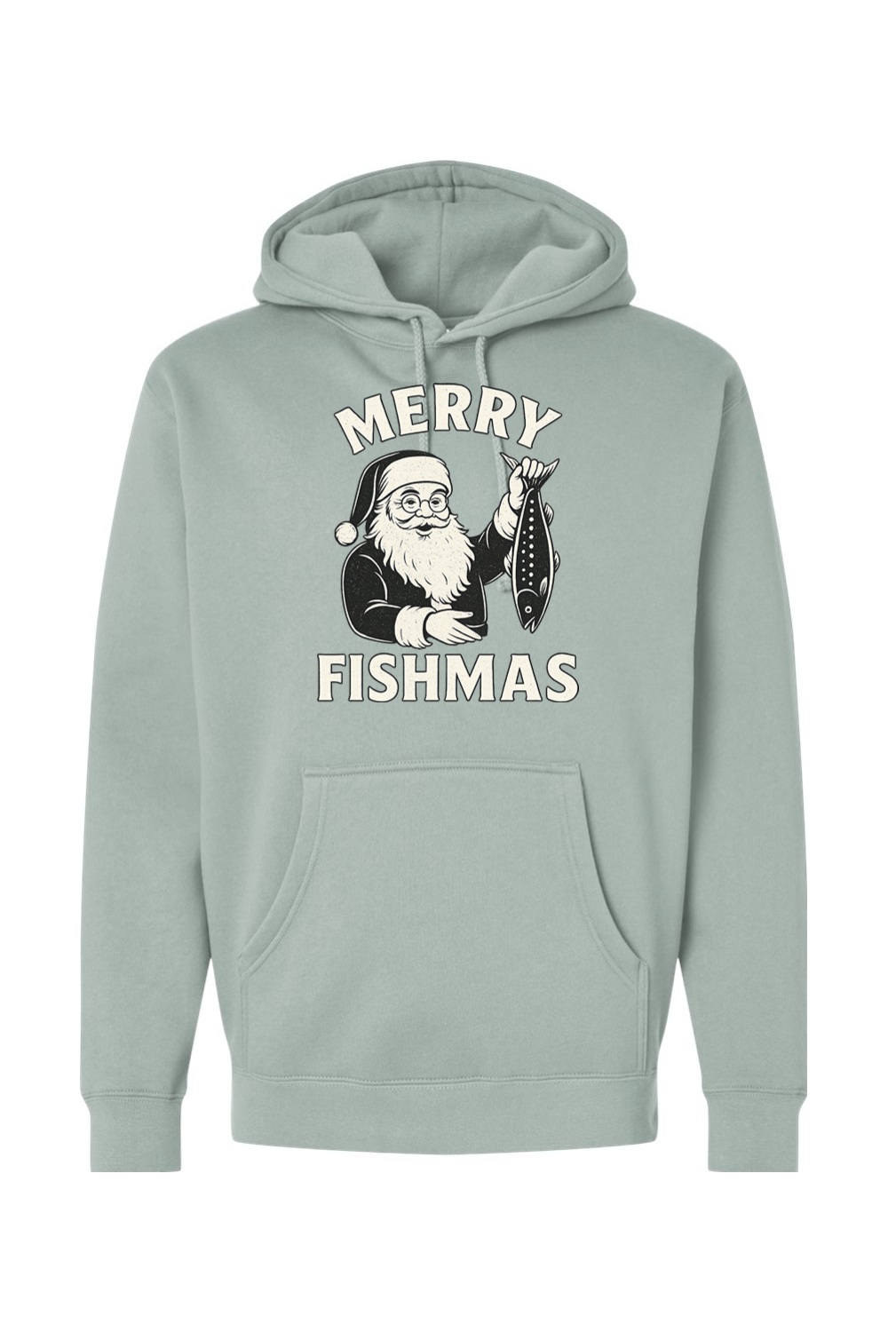 Light green Christmas hoodie with "Merry Fishmas" text with Santa holding a fish design funny fishing holiday festive long sleeve hooded sweatshirt