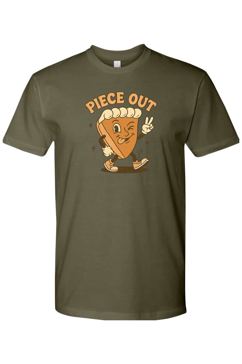 Olive green Thanksgiving t-shirt with "Piece Out" text and a slice of pie winking and giving a peace sign cool retro trendy fall holiday short sleeve shirt