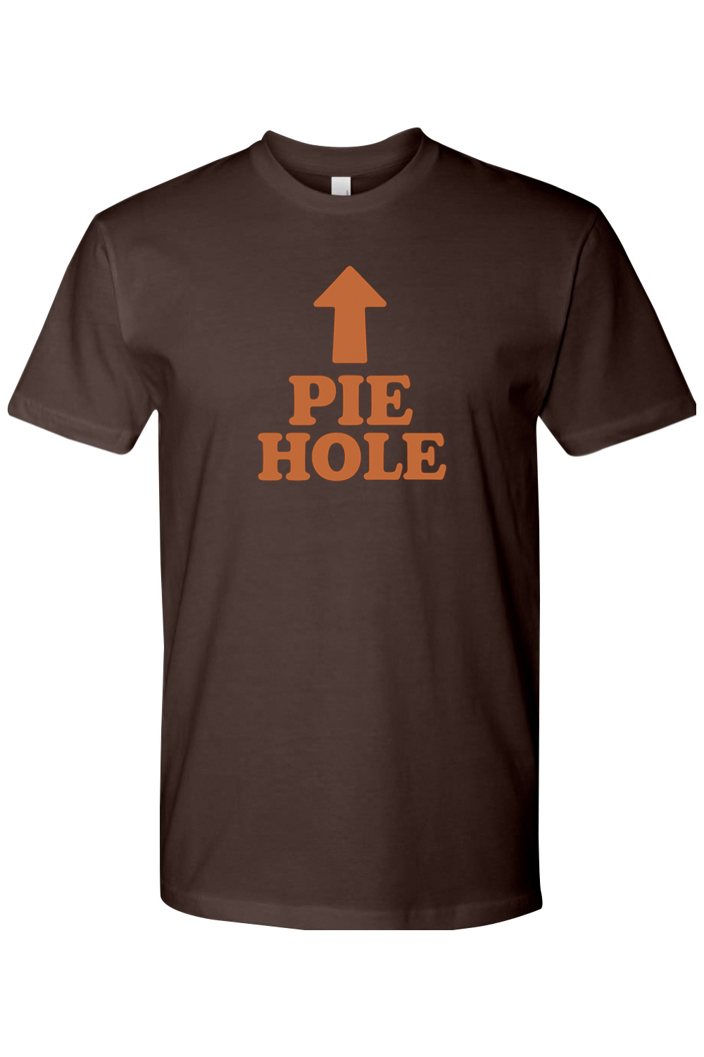 Brown Thanksgiving t-shirt with "Pie Hole" text and and arrow design pointing upwards to the neckline of the shirt funny humor fall holiday short sleeve shirt