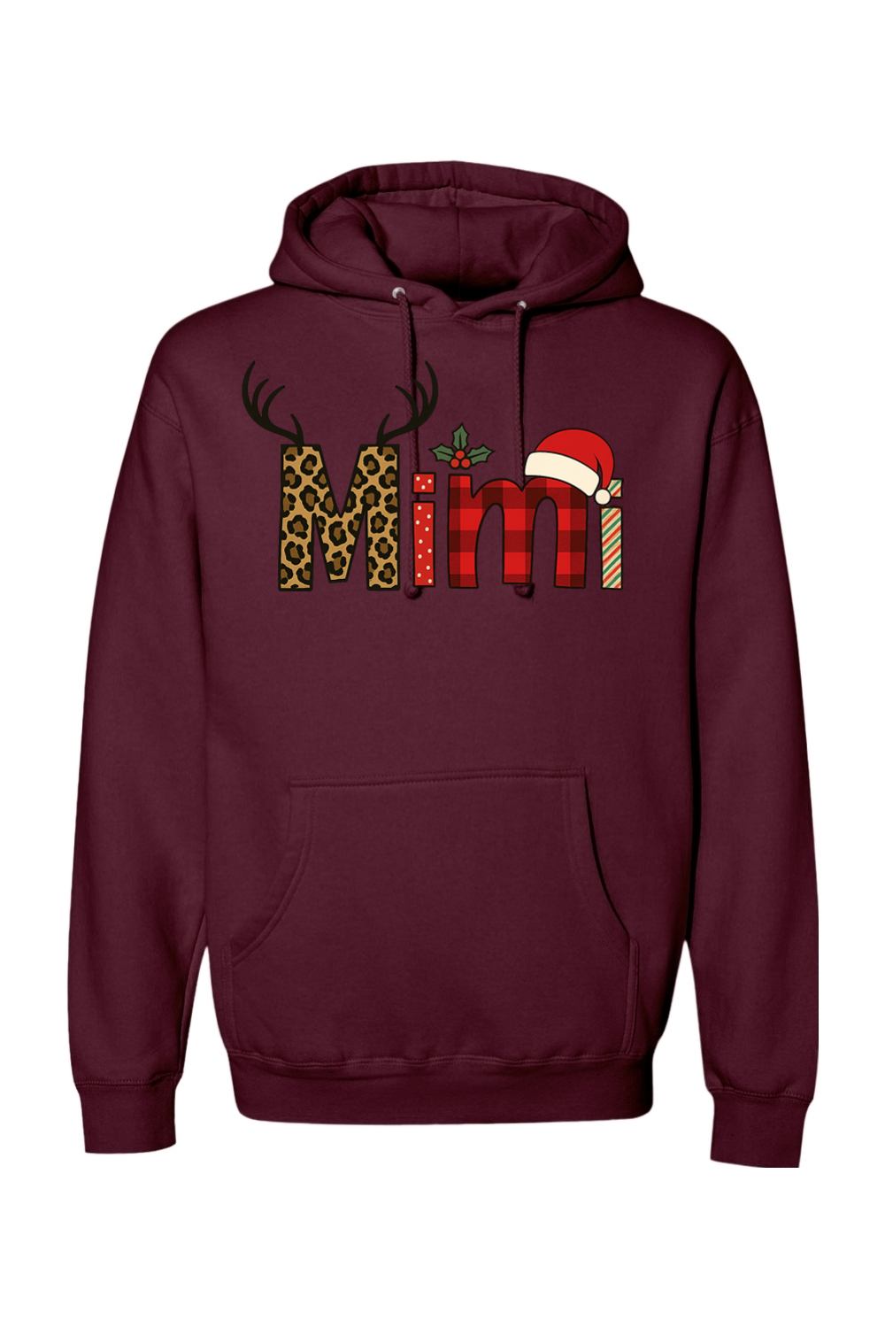 Maroon Christmas hoodie with "Mimi" text antler design and the letters filled with leopard print, plaid, polka dots, and stripes cute grandma festive holiday long sleeve hooded sweatshirt