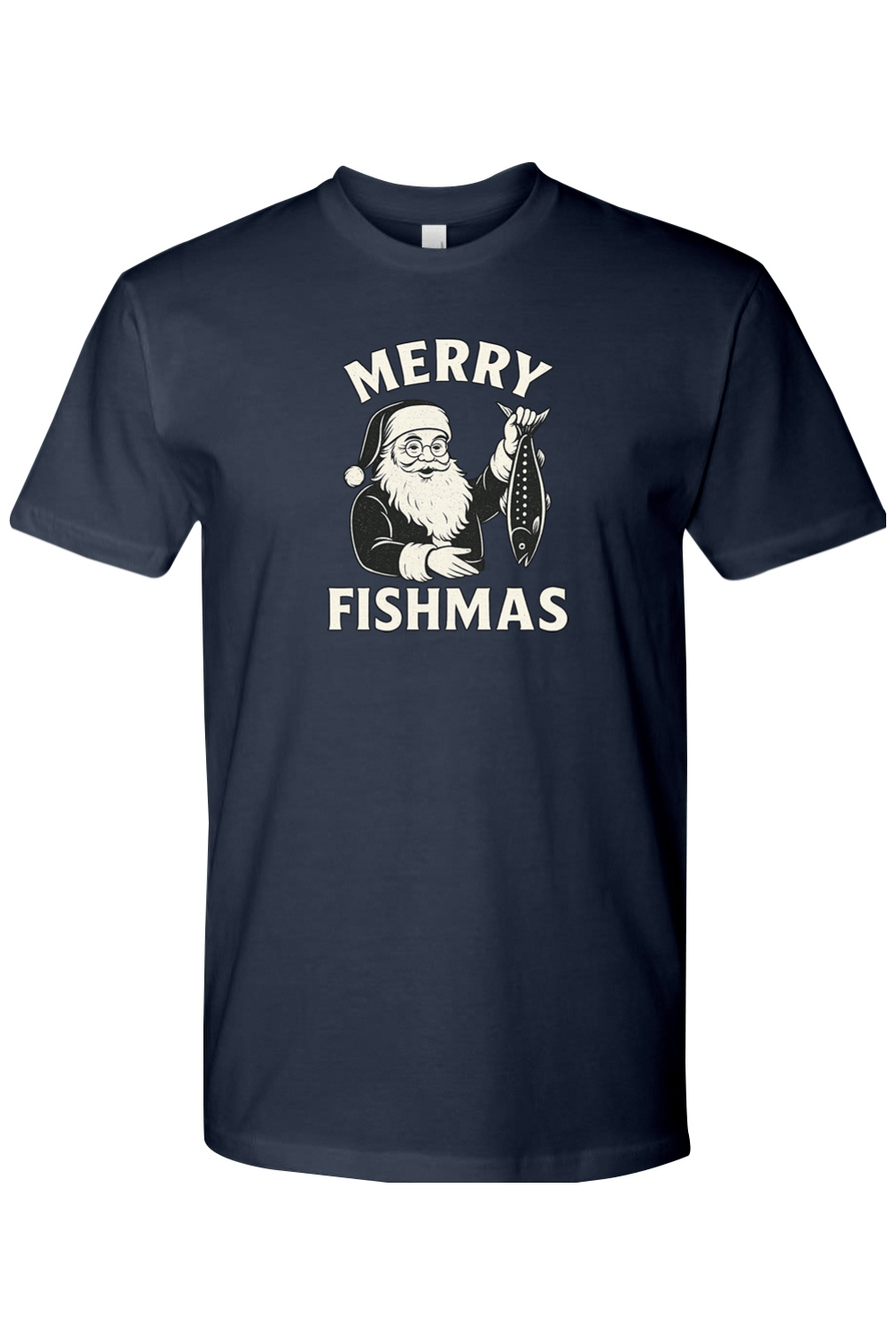 Navy blue Christmas t-shirt with "Merry Fishmas" text with Santa holding a fish design funny fishing holiday festive short sleeve shirt