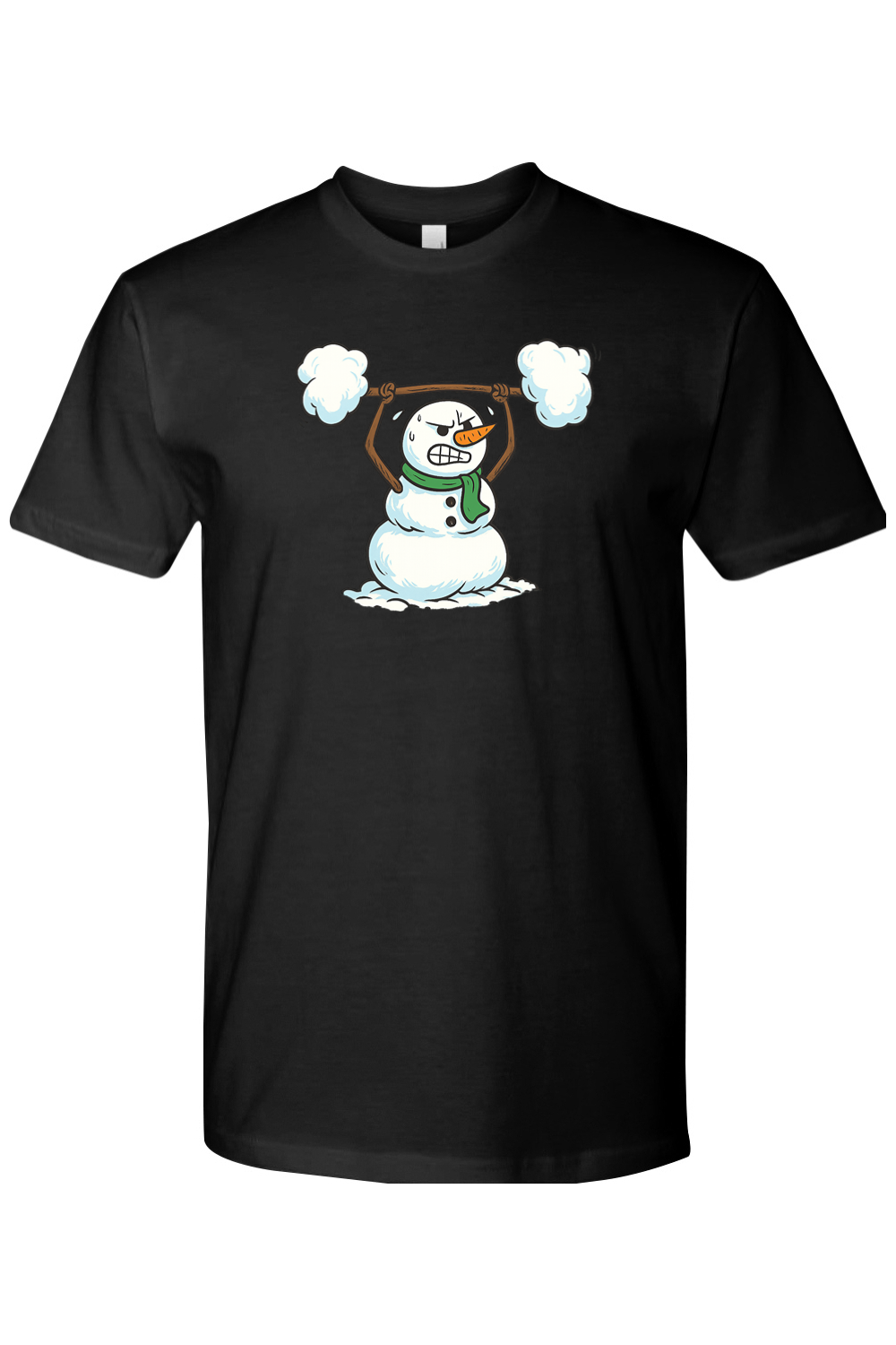 Black Christmas t-shirt with a snowman lifting a snow barbell design funny gym humor winter holiday short sleeve shirt