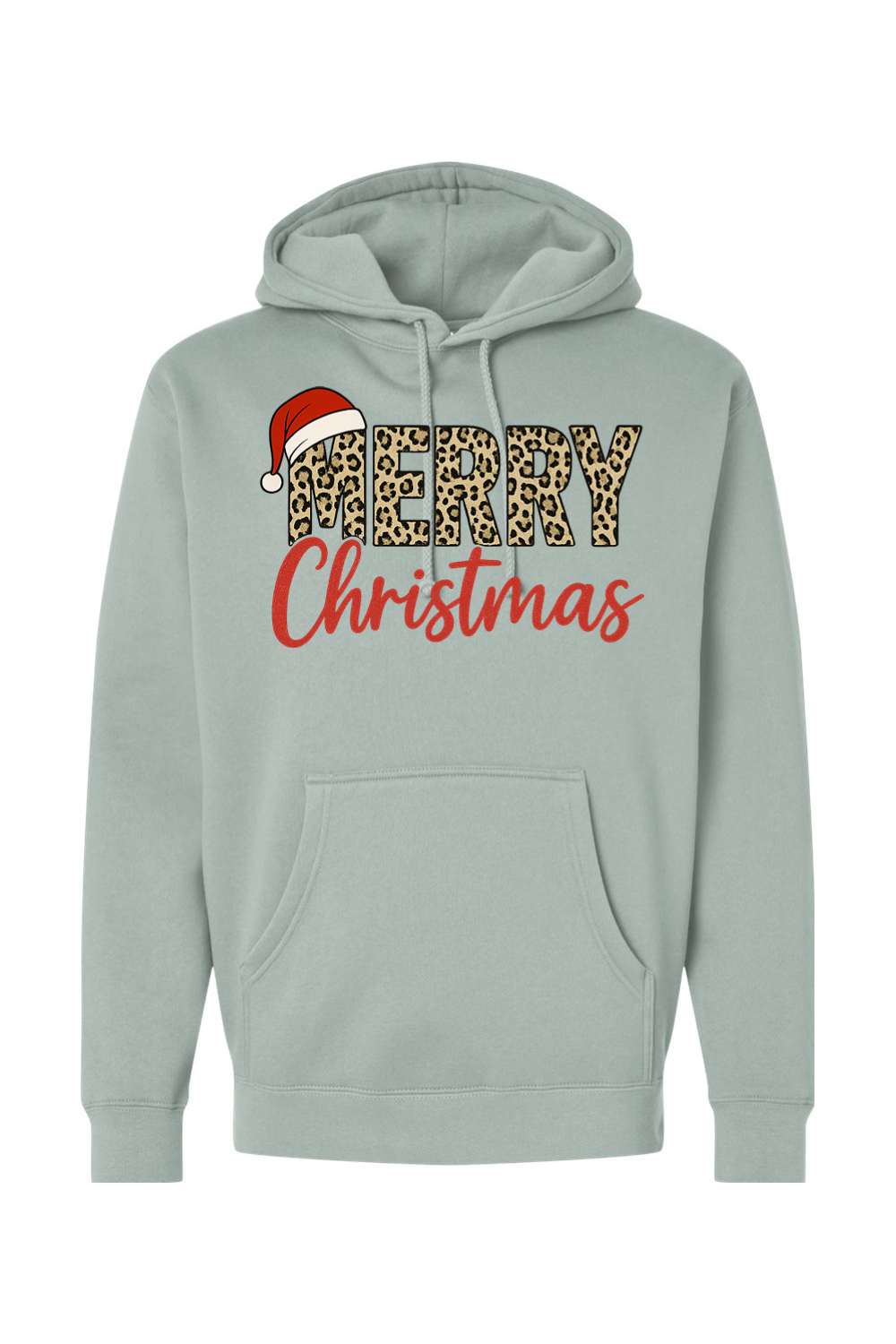 Light green Christmas hoodie with "Merry Christmas" text in leopard print and red with a Santa hat design cute trendy festive holiday long sleeve hooded sweatshirt