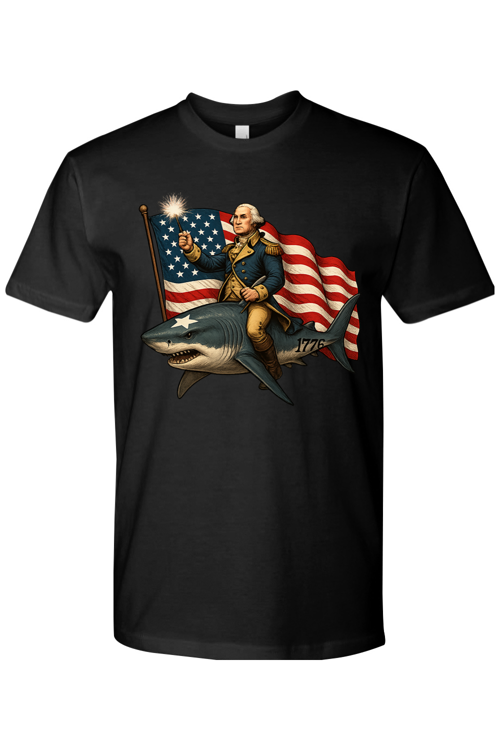 Black t-shirt with a graphic of George Washington holding an American flag while riding a shark.