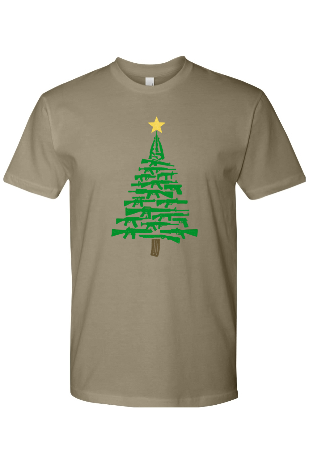 Olive green Christmas t-shirt with a Christmas tree design made out of rifles cool tactical men's holiday short sleeve shirt