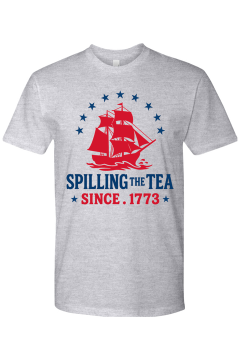 Gray t-shirt with a red ship graphic and text 'Spilling the Tea Since 1773' on a white background