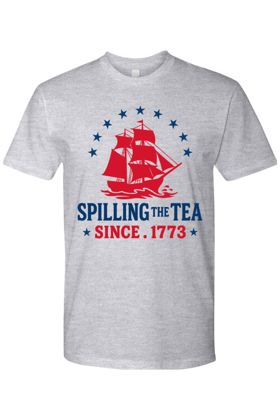 Gray t-shirt with a red ship graphic and text 'Spilling the Tea Since 1773' on a white background