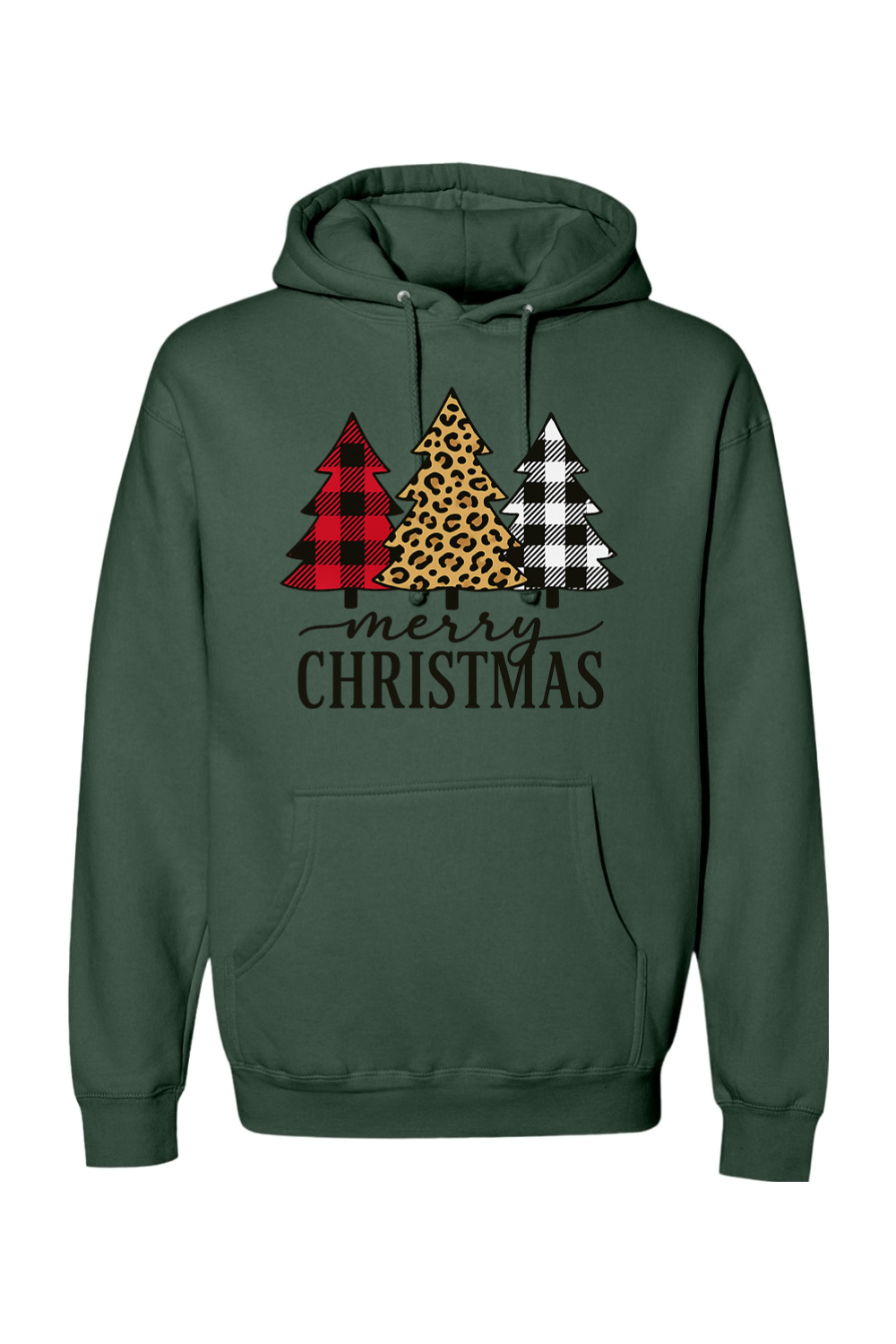 Pine green Christmas hoodie with "Merry Christmas" text and a buffalo plaid, leopard print, and black and white plaid Christmas trees cute trendy festive holiday long sleeve hooded sweatshirt