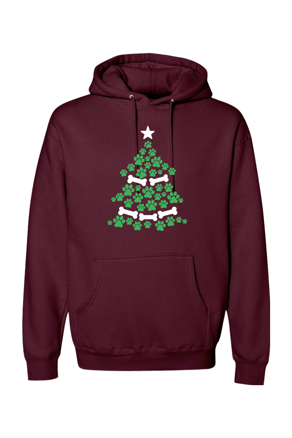 Maroon Christmas hoodie with a Christmas tree design made out of paw prints and bones cute dog pet animal lover long sleeve hooded sweatshirt