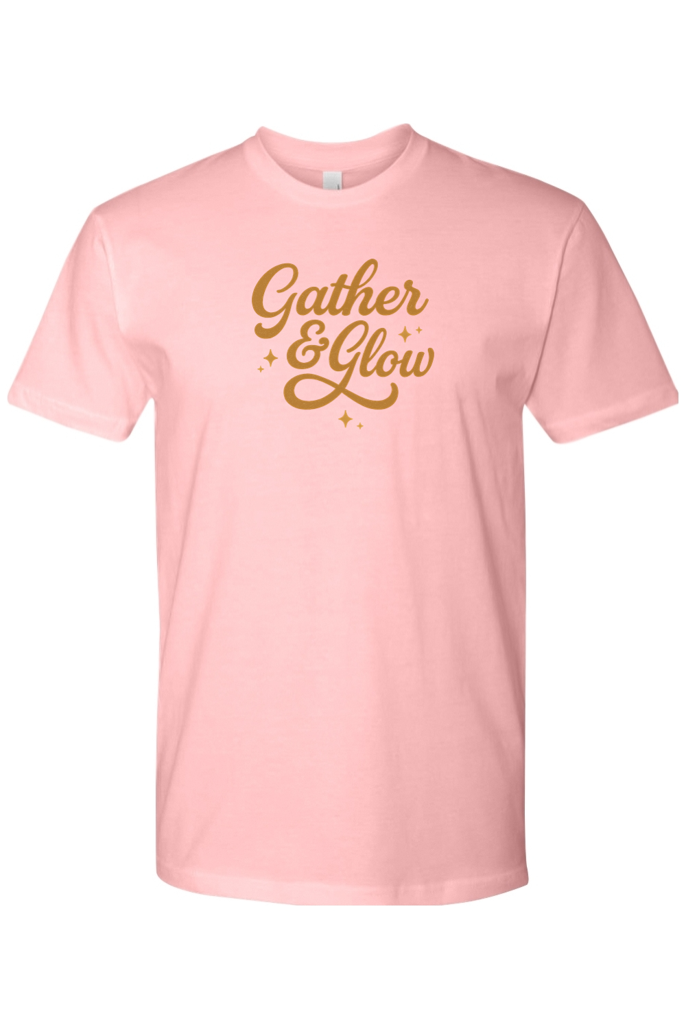 Light pink Thanksgiving t-shirt with "Gather & Glow" text in a cursive font cute trendy fall holiday short sleeve shirt