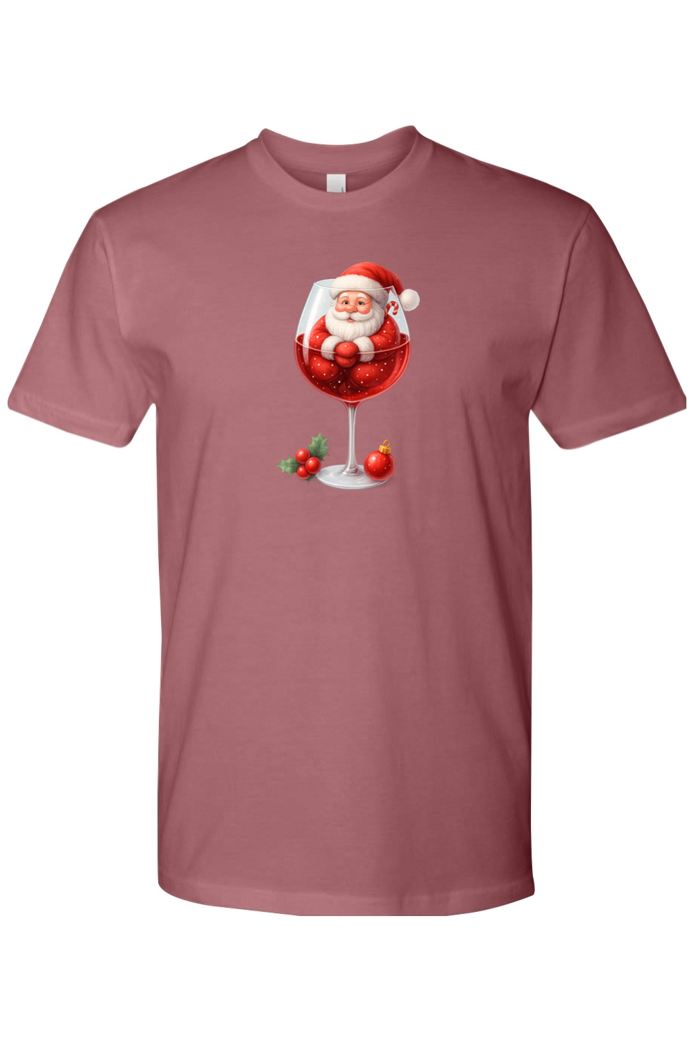 Mauve dark pink Christmas t-shirt with Santa sitting in a wine glass with a holly and ornament design cute festive holiday short sleeve shirt