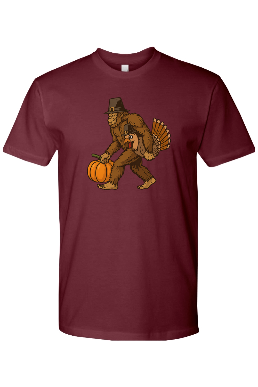 Maroon Thanksgiving t-shirt with bigfoot sasquatch holding a pumpkin and a turkey design funny humor fall holiday short sleeve shirt
