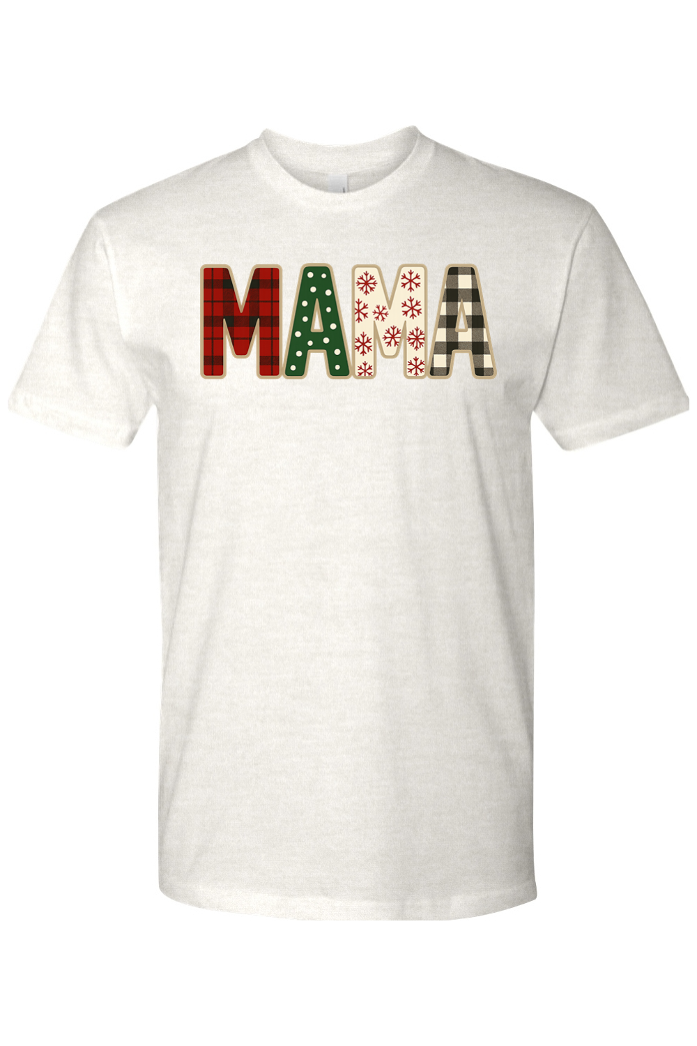 Light cream Christmas t-shirt with "MAMA" text with plaid, polka dots, and snowflakes pattern inside lettering cute trendy mom holiday short sleeve shirt