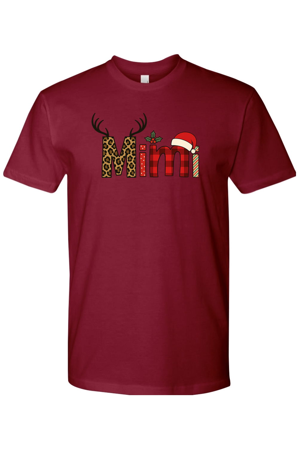 Burgundy Christmas t-shirt with "Mimi" text antler design and the letters filled with leopard print, plaid, polka dots, and stripes cute grandma festive holiday short sleeve shirt