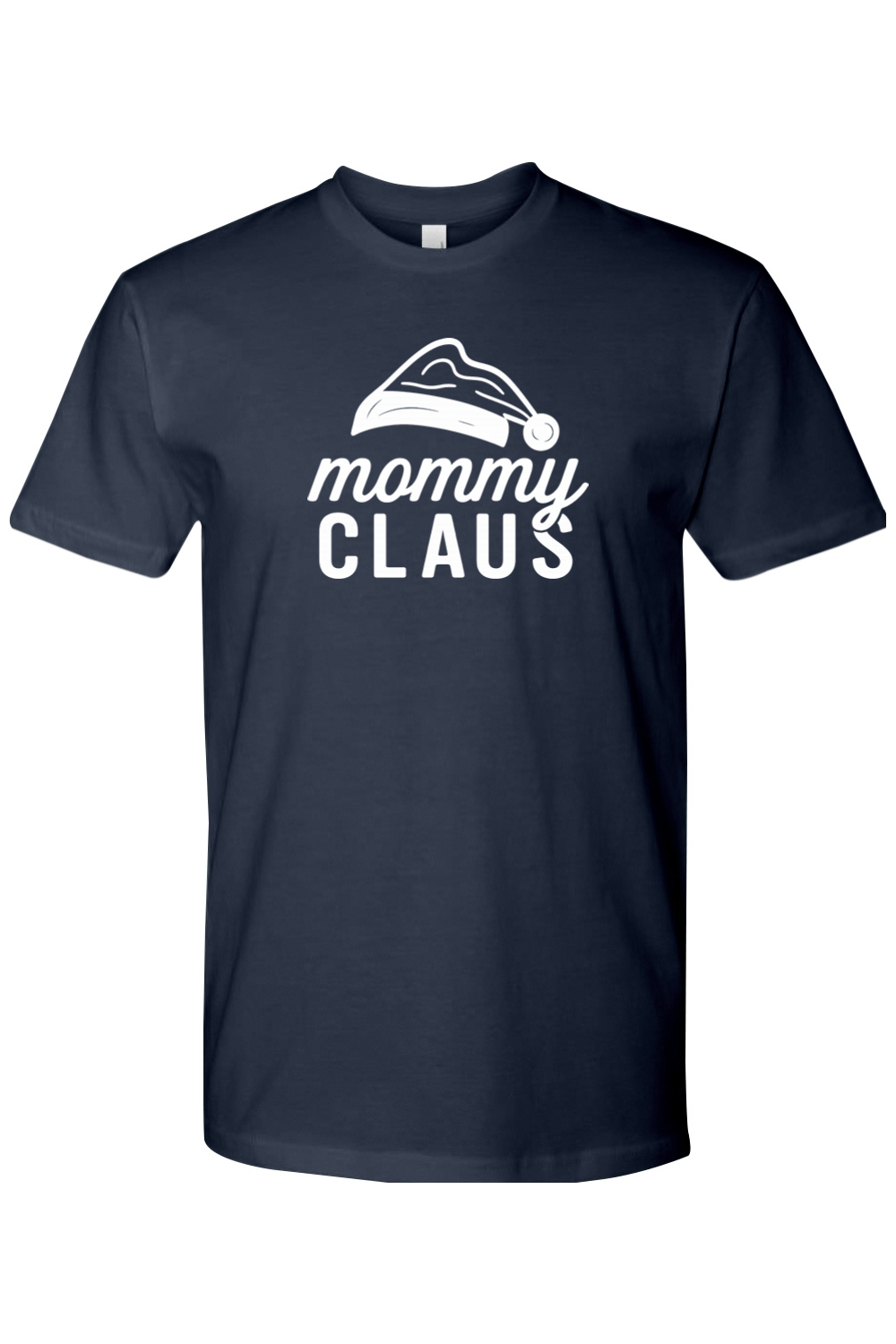 Navy blue Christmas t-shirt with "mommy claus" text and a Santa hat design cute funny trendy mom holiday short sleeve shirt