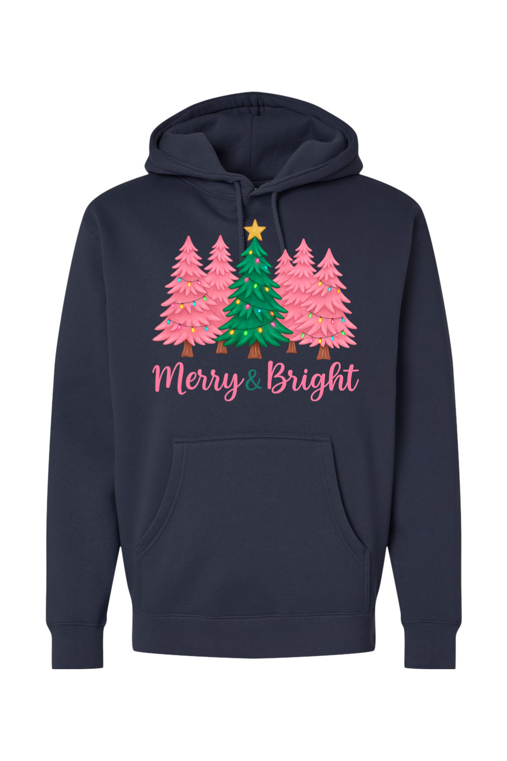Navy blue Christmas hoodie with pink and green Christmas trees design with text "Merry & Bright" cute trendy festive holiday long sleeve hooded sweatshirt