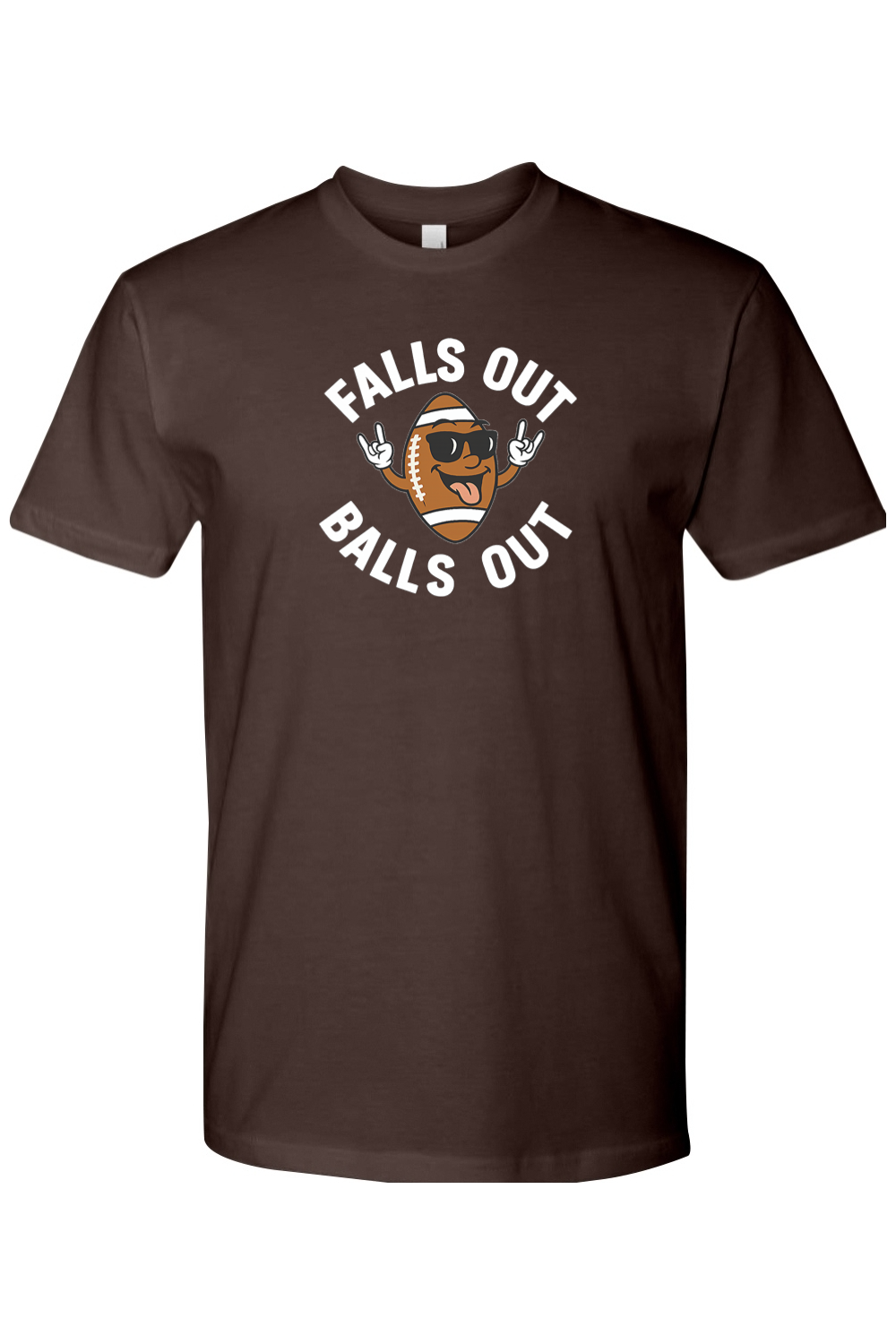 Brown Thanksgiving t-shirt with "Falls Out Balls Out" text in white with a football in sunglasses sticking out his tongue and hands in the rock pose design funny fall humor holiday short sleeve shirt