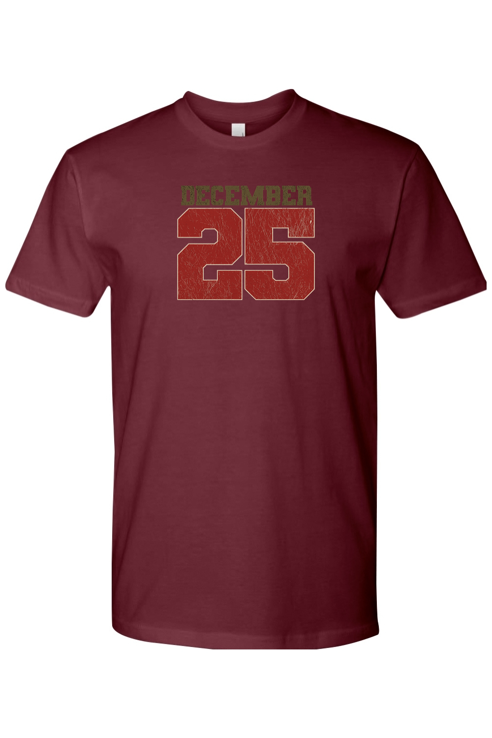 Maroon Christmas t-shirt with "December 25" text cool trendy festive holiday short sleeve shirt