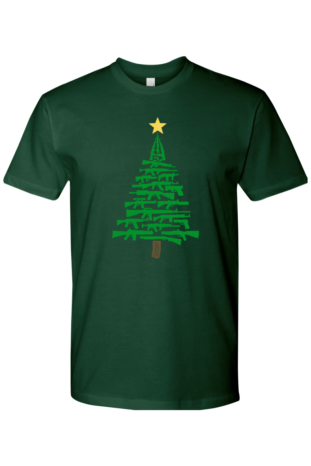 Dark green Christmas t-shirt with a Christmas tree design made out of rifles cool tactical men's holiday short sleeve shirt
