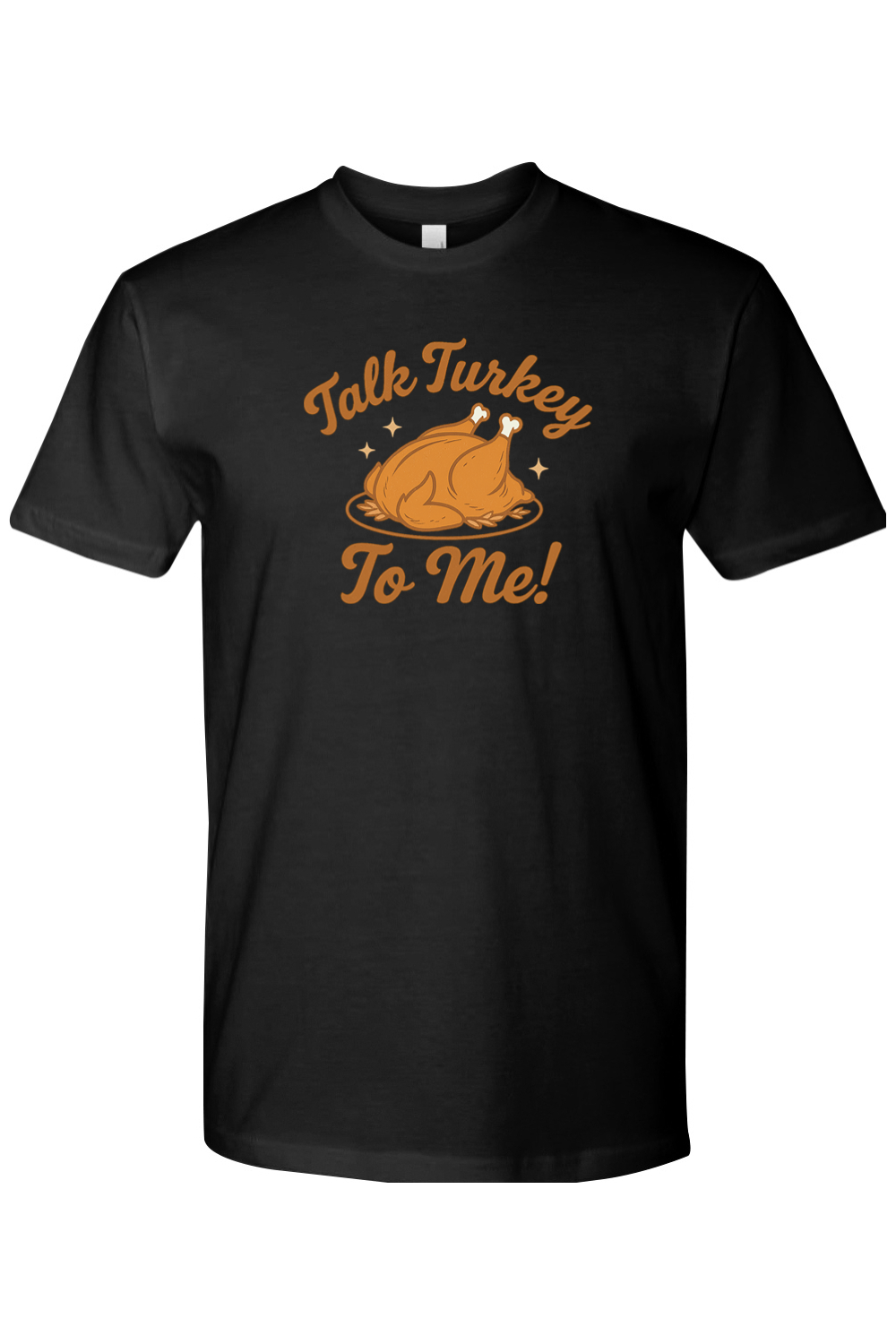 Black Christmas t-shirt with "Talk Turkey To Me!" text and a turkey star design funny trendy holiday humor short sleeve shirt