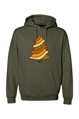 Olive green vintage Christmas hoodie with a retro wavy Christmas tree design cute trendy holiday long sleeve hooded sweatshirt