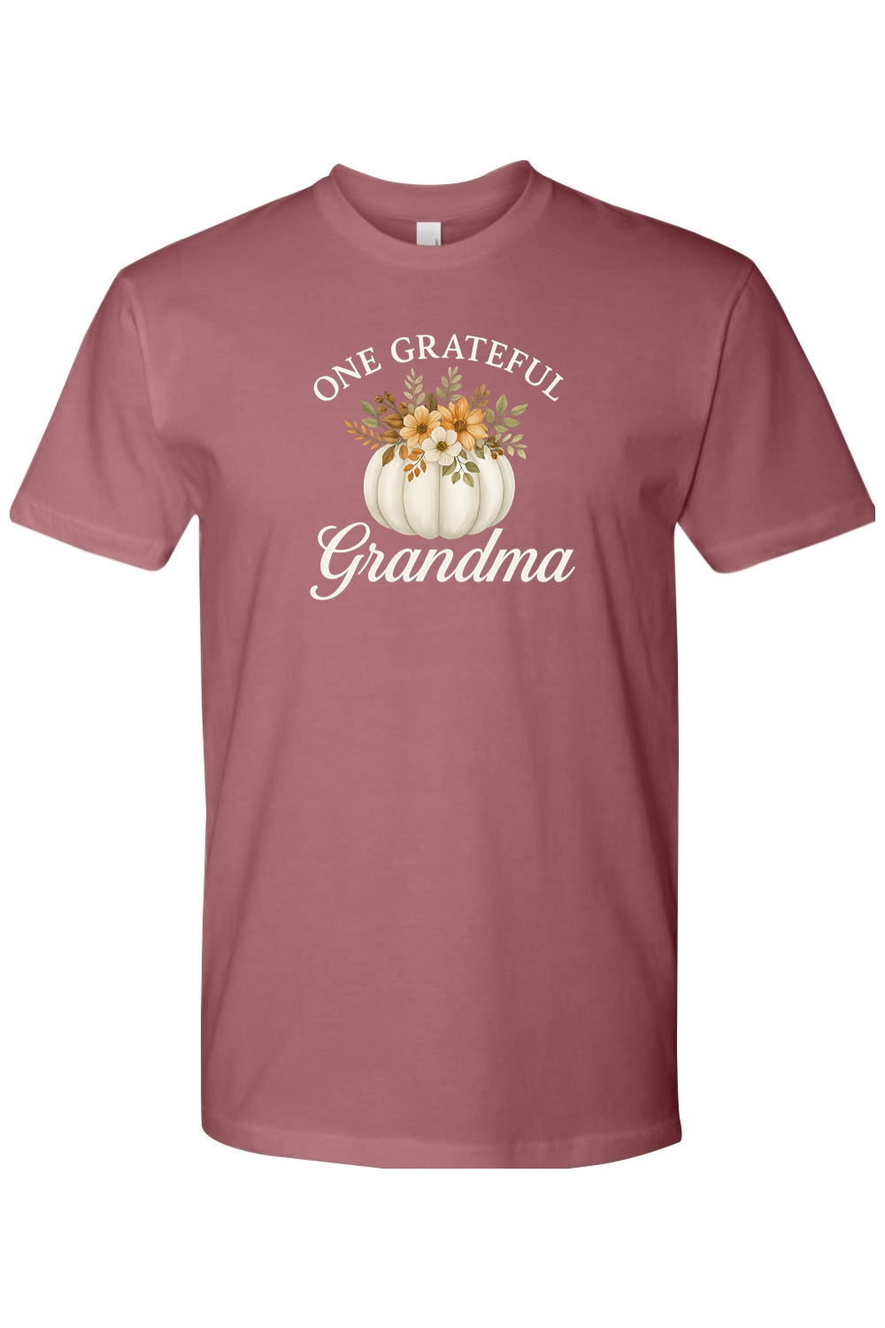 Mauve dark pink Thanksgiving t-shirt with "One Grateful Grandma" text and a pumpkin with flowers design cute grandparent fall holiday short sleeve shirt