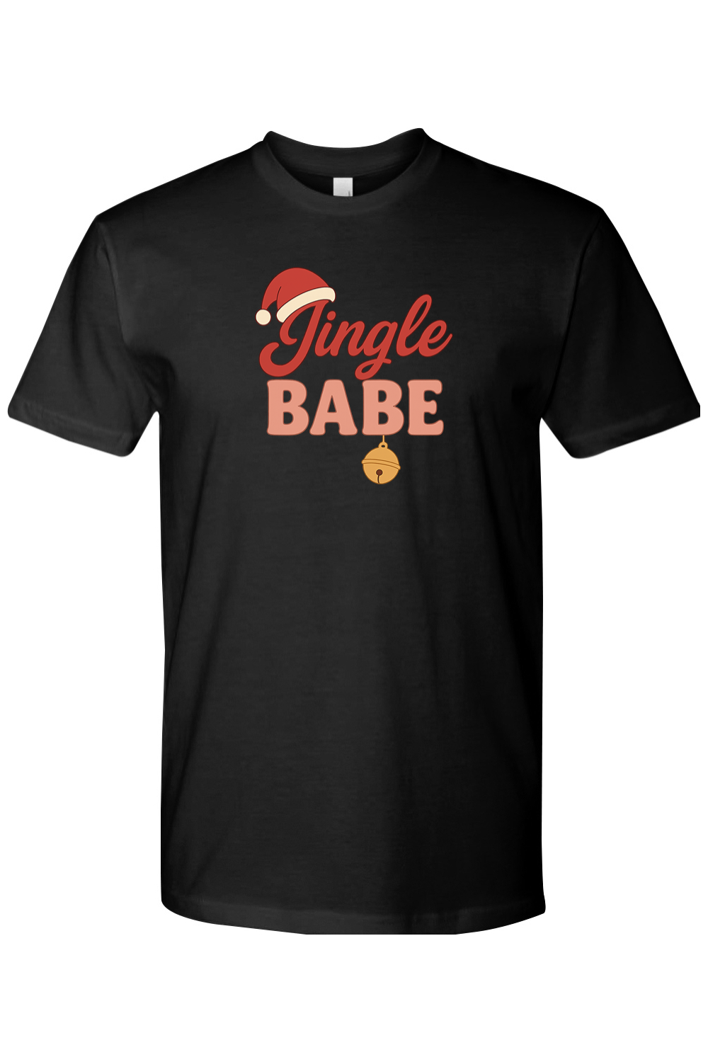 Black Christmas t-shirt with "Jingle Babe" text and a Santa hat bell design cute girly festive holiday short sleeve shirt