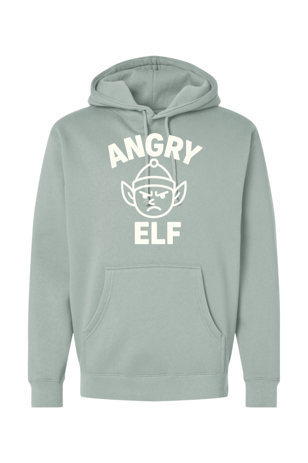 Light green Christmas hoodie with "Angry Elf' in white text with a minimal angry elf design funny sarcastic humor holiday long sleeve hooded sweatshirt