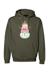 Olive green Christmas hoodie with a watercolor snowman in a pink bow and top hat design cute girly festive holiday long sleeve hooded sweatshirt