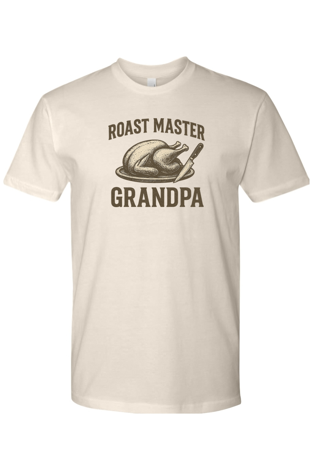 Cream beige Thanksgiving t-shirt with "Roast Master Grandpa" text with a turkey design grandparent funny fall holiday short sleeve shirt